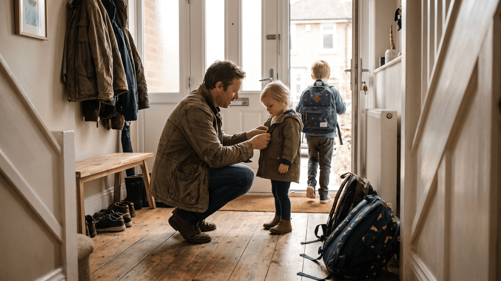 Una familia sale de casa una mañana de septiembre con las mochilas preparadas