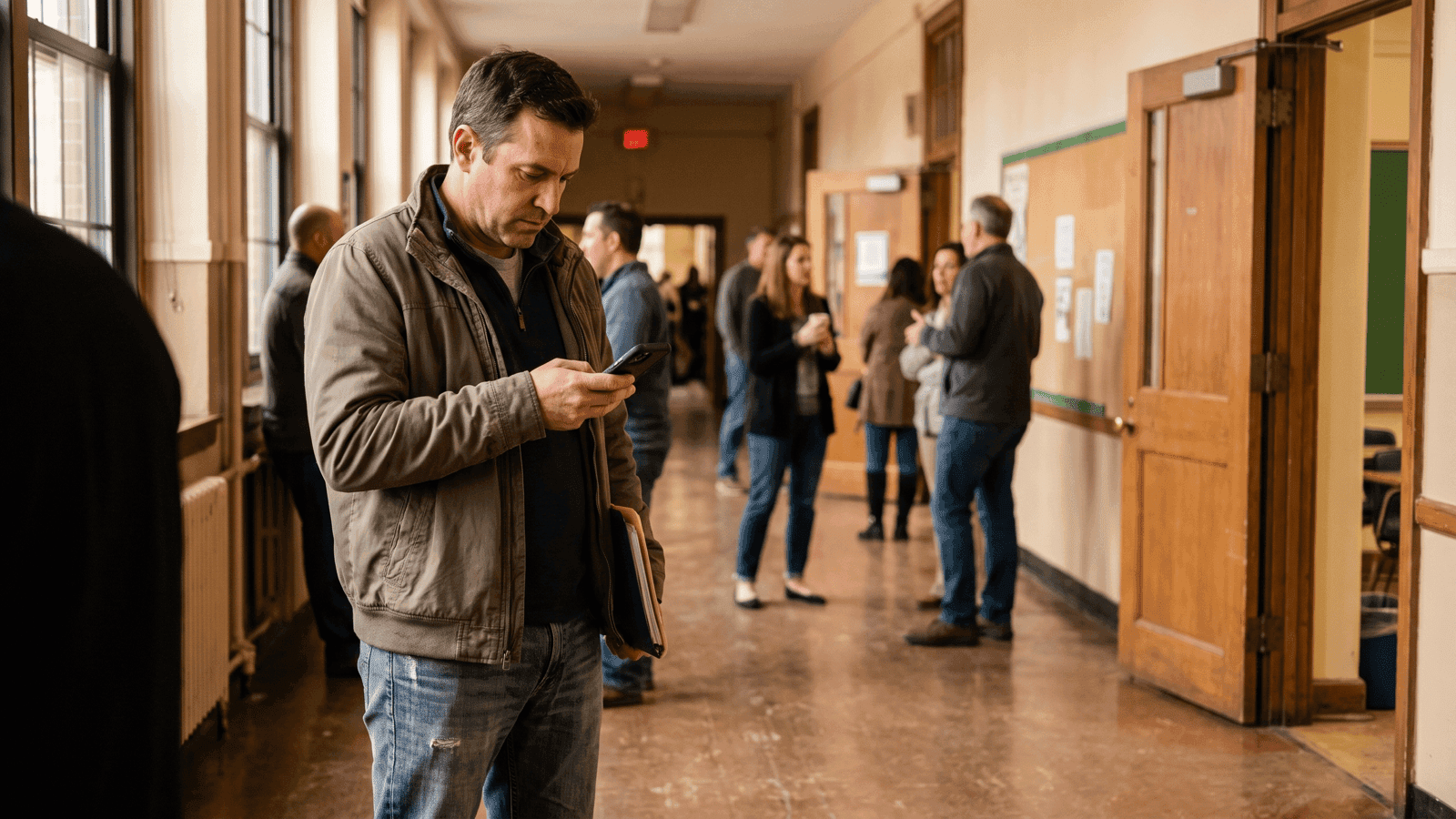 Un padre consulta el móvil en el pasillo del colegio tras una reunión
