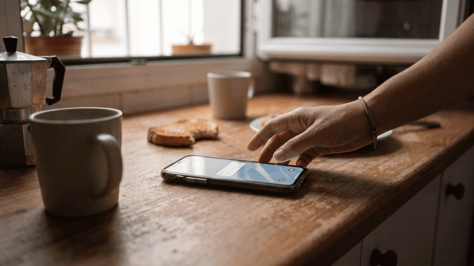 Un móvil sobre la encimera de la cocina muestra una notificación mientras una mano lo alcanza