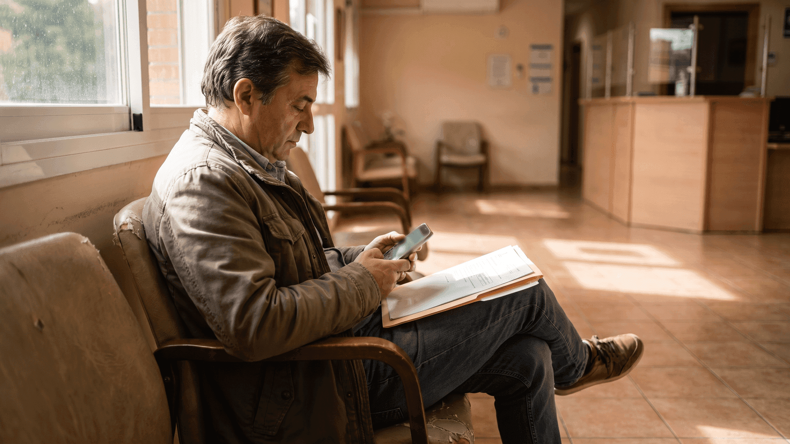 Un padre espera en la sala de espera de una consulta médica repasando el móvil antes de que le llamen