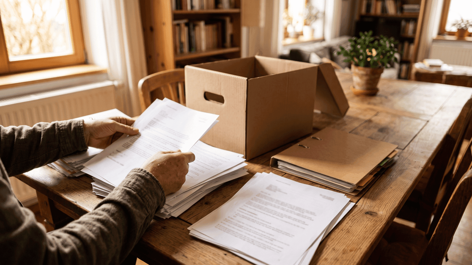 Unas manos separan la documentación del hogar en montones sobre la mesa